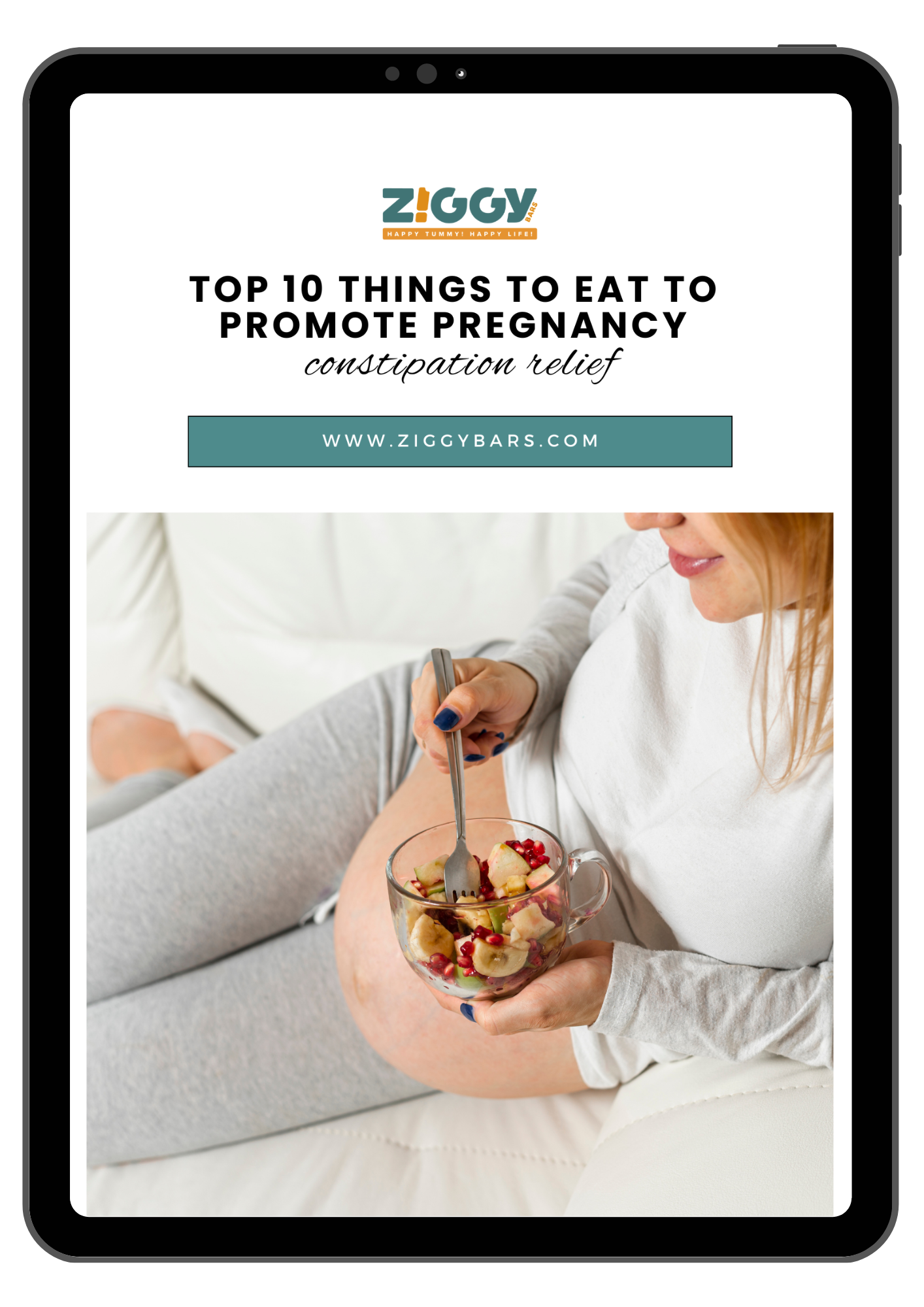 Pregnant woman promotes constipation relief on the Ipod