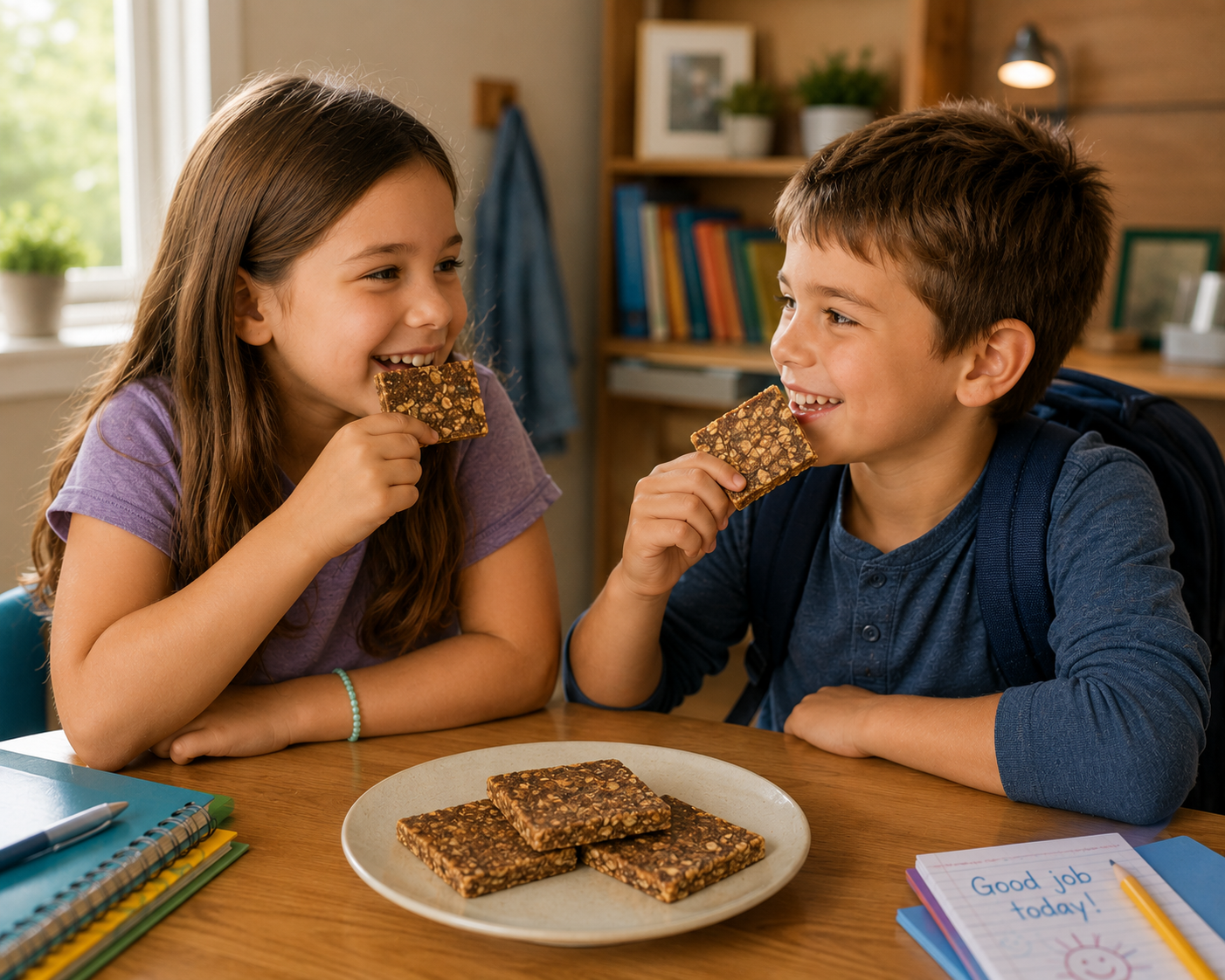 Two children eating snacks at a table with a plate of Ziggy Bars (Snack Bars).