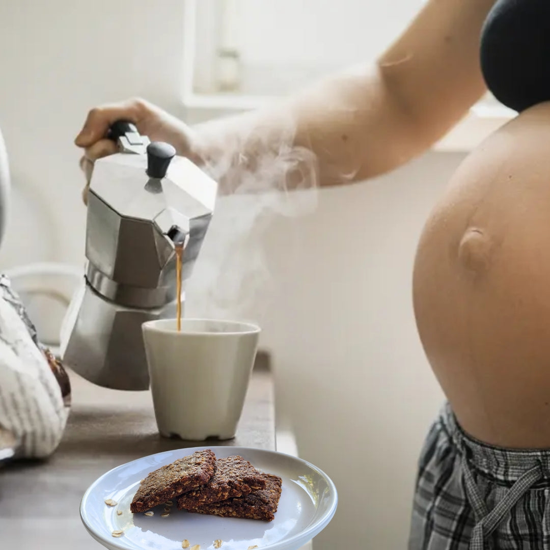 A pregnant woman prepares hot coffee with snack bars.